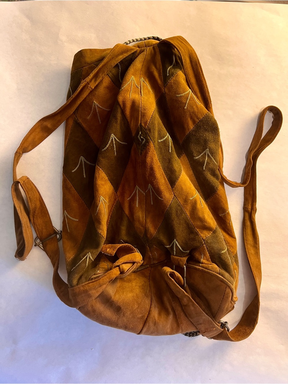 Vintage Boho Patchwork Suede Backpack Distressed Butterfly Embroidered As Is - Picture 7 of 10